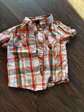 Old Navy Orange, Green & White Plaid Short Sleeve Button-Down